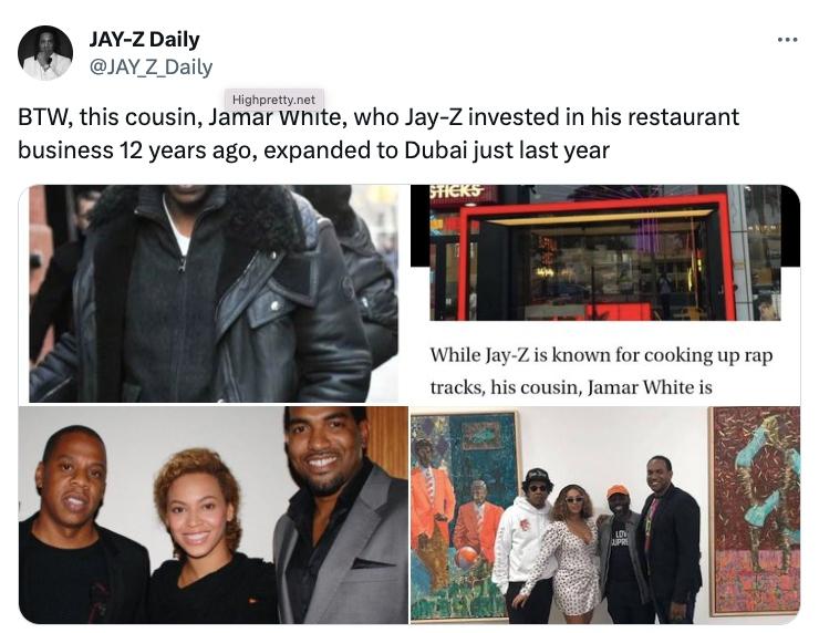 Tweet with photos that says: "BTW, this cousin, Jamar White, who Jay-Z invested in his restaurant business 12 years ago, expanded to Dubai just last year."