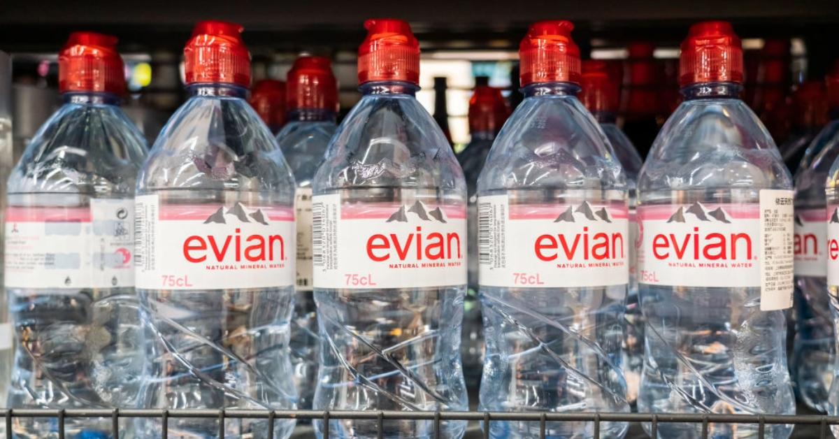 Bottles of Evian mineral water seen at a supermarket.