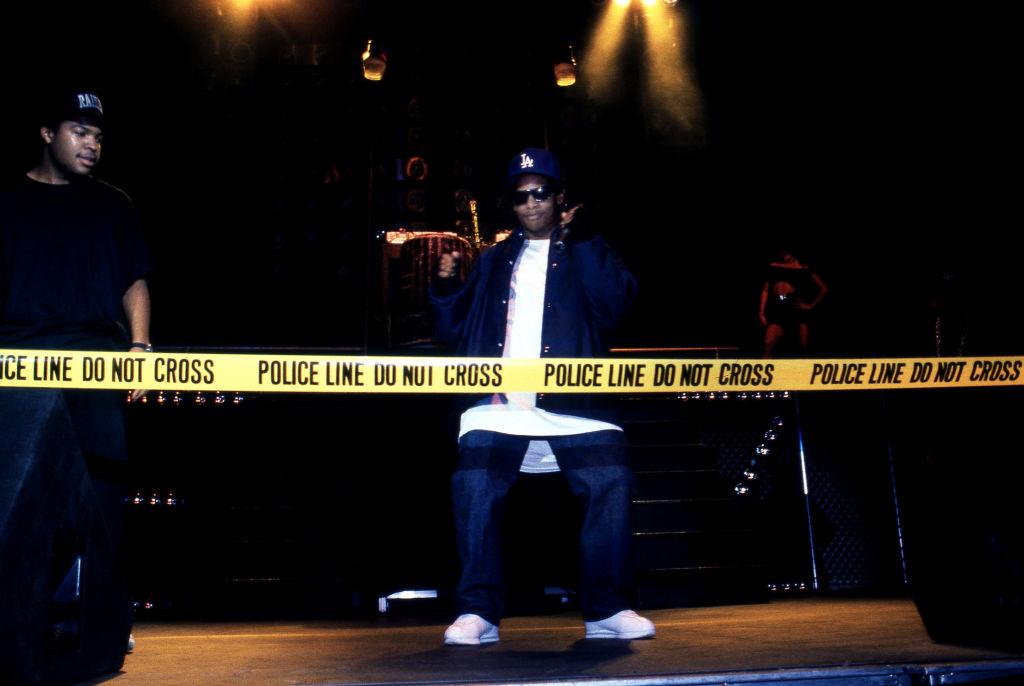 Rappers Ice Cube (O'Shea Jackson) and Eazy-E (Eric Lynn Wright) of N.W.A. performs during the 'Straight Outta Compton' tour at the Mecca Arena in Milwaukee, Wisconsin 